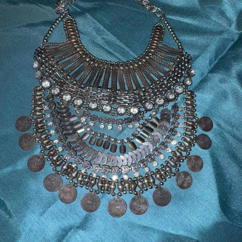 Y2K Silver Statement Bib Necklace Cool Girl Jewelry - Picture 2 of 7